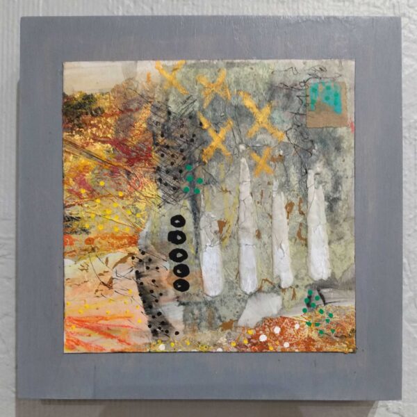 Mixed media collage, on 6" x 6", 1 5/8" cradled birch panel. in neutral colors.