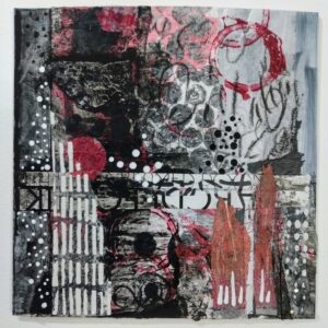 unframed mixed media collage in reds, black and white.