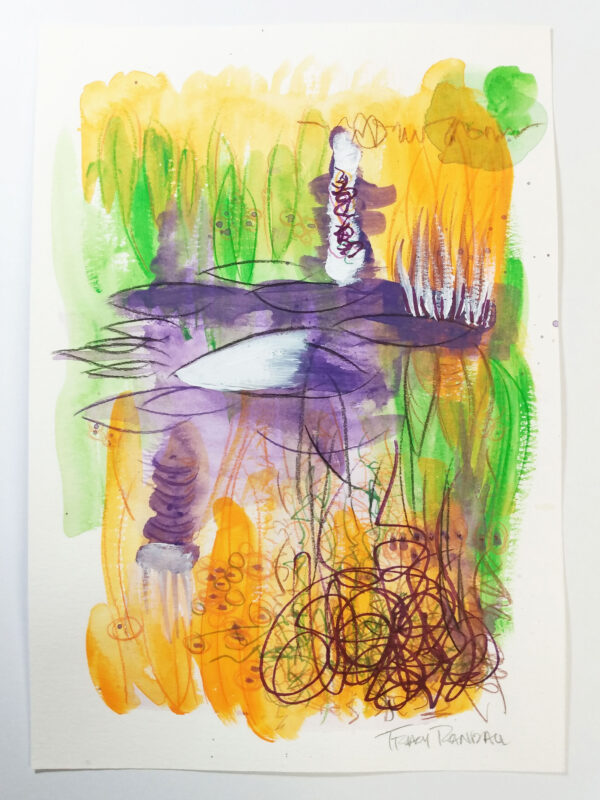 abstract painting in golds, purple, green.