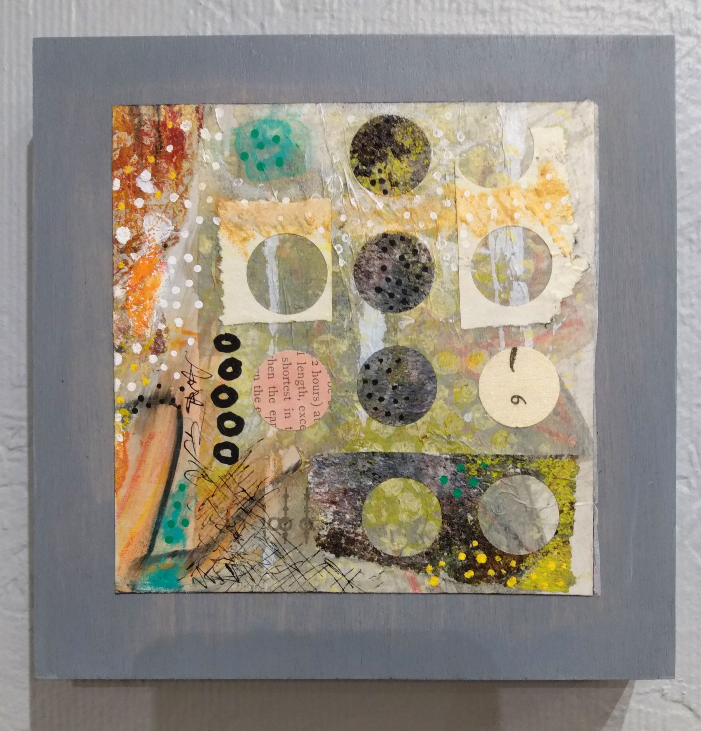 Mixed media collage, on 6" x 6" x 1 5/8" cradled birch panel in neutral colors.